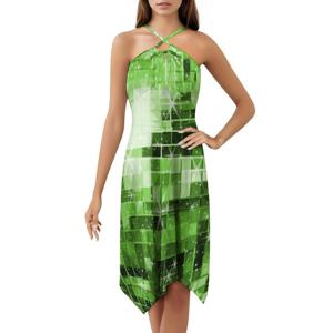 반짝이는 녹색 디스코 볼 패턴 한국 스타일 여성용 드레스 우아한 캐주얼 드레스 파티 또는 일상 착용용 디스코 볼 디스코