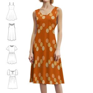 번트 오렌지/마론 오렌지-심플 플로럴 패턴 여성 우아한 파티 드레스 A라인 드레스 (짧은/긴/민소매 옵션)