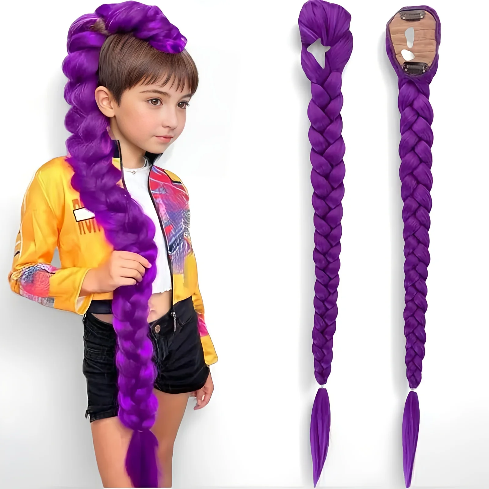 26인치 합성 땋은 보라색 머리 포니테일 코스프레 의상 헤어스타일 포니테일 클립 포함 어린이 소녀 할로윈 크리스마스
