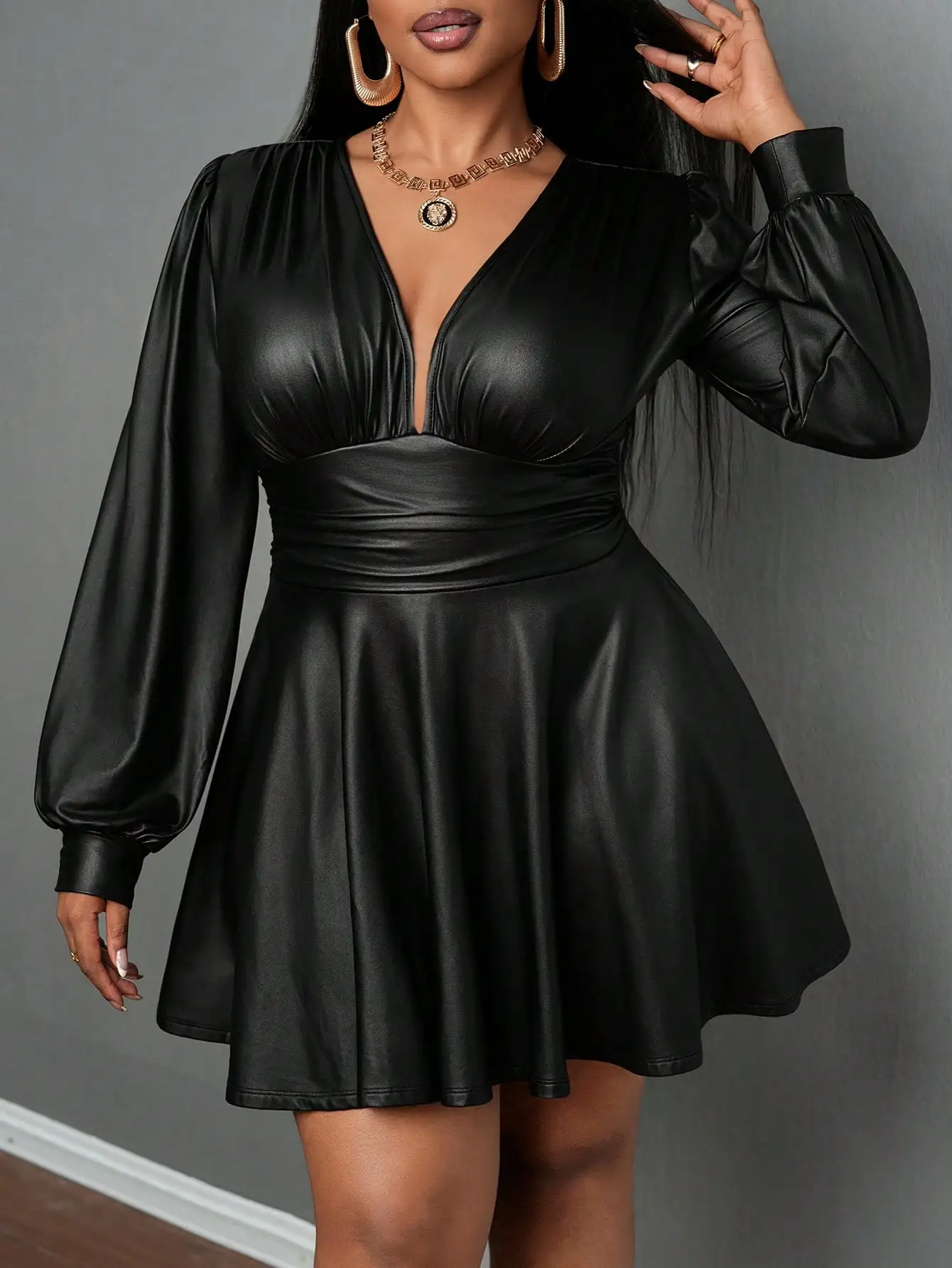 플러스 사이즈 여성용 가죽 스커트, 딥 V넥 랜턴 소매 허리 조임 A라인 파티 의상, 섹시한 여성복