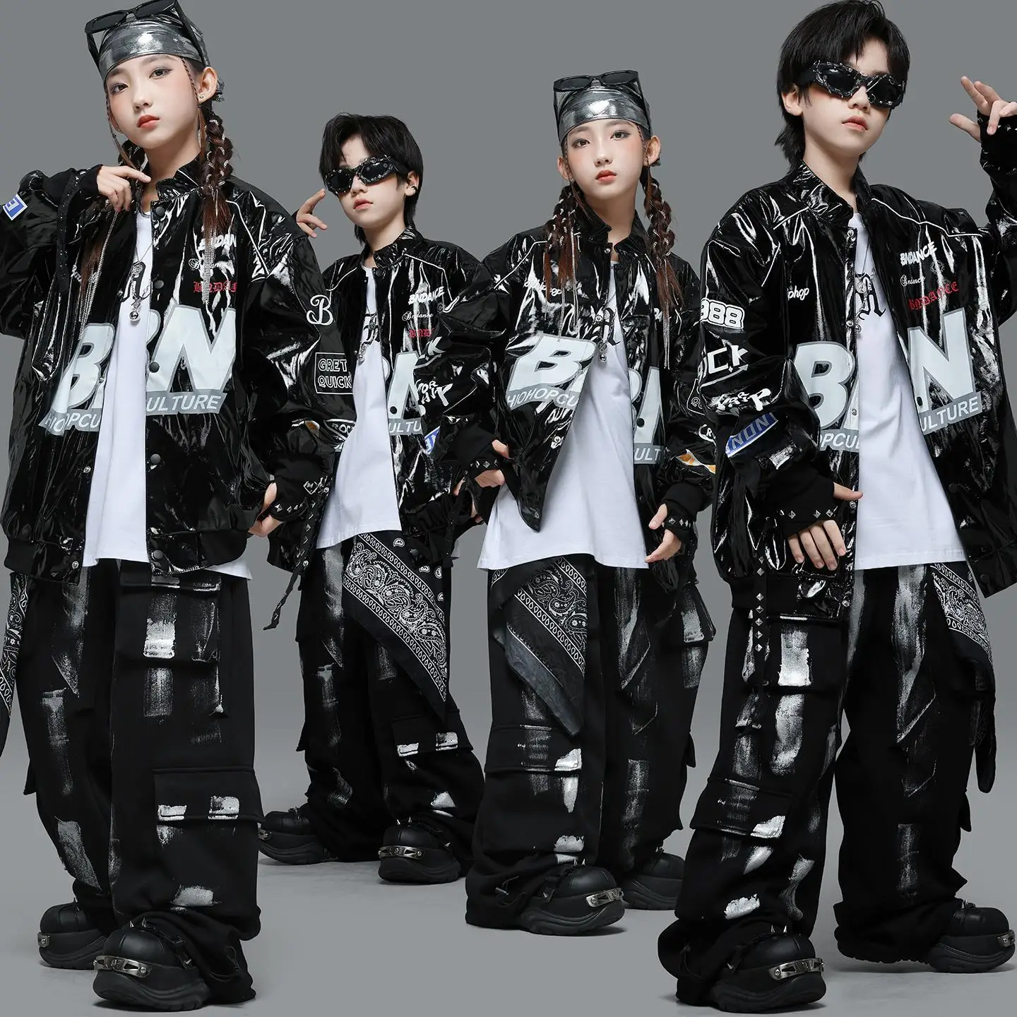 키즈 스트리트 댄스 패셔너블 의상 재즈 퍼포먼스 코트 가죽 자켓 남아 힙합 아메리칸 브라이트 스킨 코트 여아 스윙 드레스