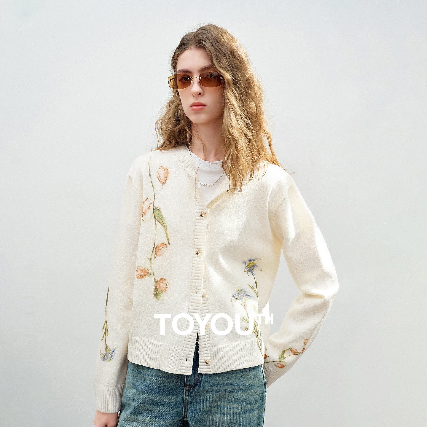 TOYOUTH 여성 니트 가디건 2026 봄 신상 수채화 플로럴 프린트 프렌치 크루넥 숏탑