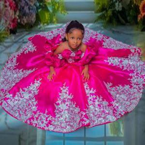 자홍색 소녀 생일 파티 드레스 맞춤형 레이스 아플리케 꽃 소녀 드레스 아기 어린이 미인 대회 가운