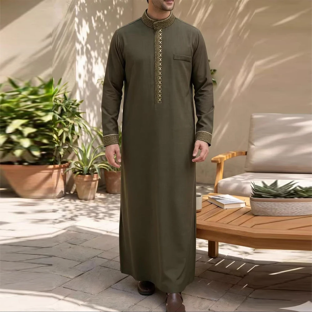 새로운 이슬람 무슬림 남성용 토브 긴소매 클래식 자수 로브 아랍 민족 스타일 남성 캐주얼 정장 로브 기도복