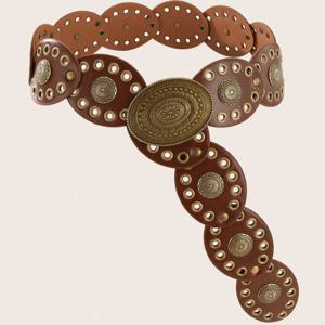 빈티지 홀로우 리벳 와이드 벨트 브라운 메탈 패턴 버클 여성용 허리 조임 벨트 패션 장식용 허리띠