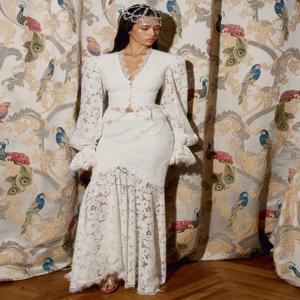 화이트 레이스 패치워크 롱 스커트 우아한 세트 여성 풀 플레어 슬리브 V넥 슬림 크롭탑 세트 여성 봄 스트리트 2026 의상