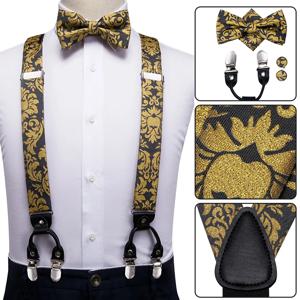 하이 타이 실크 멜빵 세트 성인 남성용, 가죽 금속 6 클립, 금색 꽃 빈티지 남성 패션 탄성 웨딩 멜빵