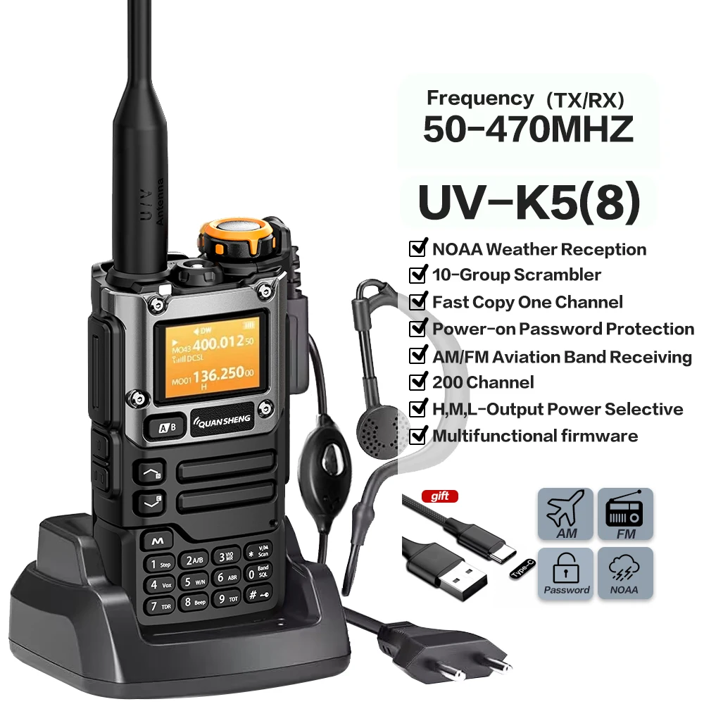 콴셩 UV-K5 (8) 무전기 5W 항공대역 라디오 타입 C 충전 UHF VHF DTMF FM 스크램블러 NOAA 무선 주파수 양방향 CB 무전기