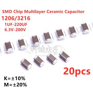 20pcs 1206 3216 SMD 커패시터 1UF 2.2UF 4.7UF 10UF 22UF 47UF 100UF 220UF 10V 16V 25V 35V 50V 63V 100V 200V X7R X5R ±10%=K ±20%=M