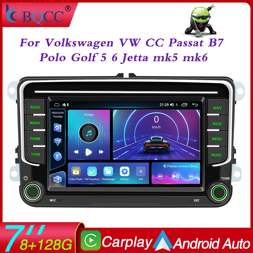 폭스바겐 VW CC 파사트 B7 폴로 골프 5 6 제타 uy5 uy6용 BQCC 7인치 안드로이드 13 옥타코어 카플레이어, 카플레이, 미러링크, WIFI, GPS 지원