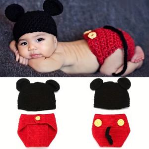 신생아 사진 의상 수제 니트 만화 동물 미키 코스튬 점프 슈트, 이어 캡 모자, 전체 롬퍼 의류