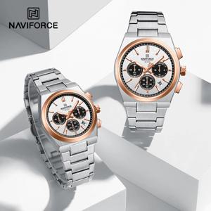 NAVIFORCE 럭셔리 브랜드 연인 시계, 스틸 스트랩 쿼츠 크로노그래프 손목시계, 방수 날짜 표시, 오리지널 커플 선물