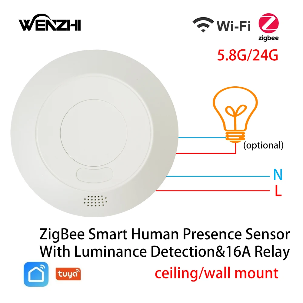 ZigBee/WiFi MmWave 레이더 조명 스위치 광도 감지용 인체 존재 모션 센서 110/220V Tuya Smart Life Home