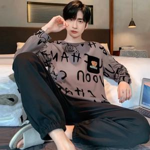 플러스 사이즈 남성용 긴팔 루즈 캐주얼 잠옷, 스트라이프 블랙 O-넥 소프트 캐주얼 칼리지, 만화 곰, 가을 및 겨울, 세트당 2 개