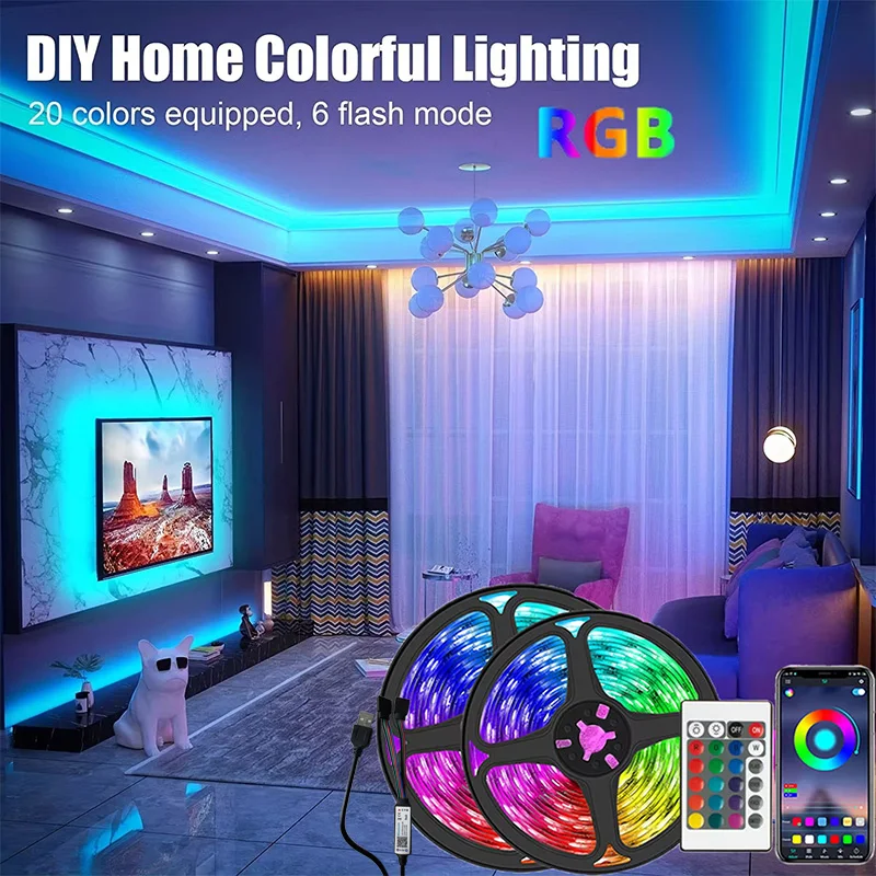 1-30M USB 5V LED 스트립 조명 블루투스 24 키 원격 제어 RGB 유연한 램프 테이프 룸 장식 TV 백라이트 다이오드