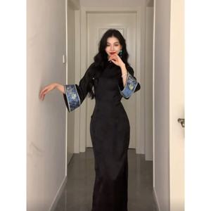 중국 전통 원피스 여성용 블랙 스탠드업 칼라, 긴팔 자카드 치파오, 모던 치파오, 우아한 이브닝 드레스