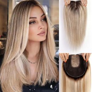 갈색 금발 하이라이트 헤어 토퍼 16 인치 레미 인간의 머리카락 토퍼 클립 여성용 스트레이트 헤어 피스 실크베이스 토퍼 헤어