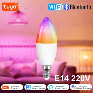 Tuya E14 촛불 램프 스마트 라이프 App 제어 스마트 전구 WiFi 블루투스 RGB + CW LED 조명 220V 디밍이 가능한 크리스탈 램프 룸 장식
