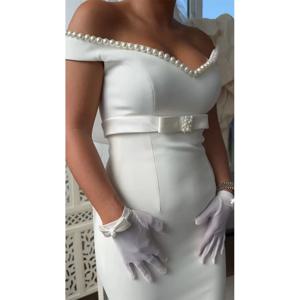 여성을위한 칼집 칵테일 드레스 진주 오프 어깨 V 넥 벨트 열 칵테일 가운 아이보리 짧은 공식 파티 드레스 미니