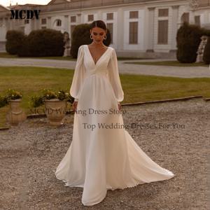 MCDV 시폰 퍼프 소매 웨딩 드레스 더블 V넥 플리츠 신부 드레스 시빌 A라인 플러스 사이즈 신부 파티 가운 맞춤 제작MCDV 시폰 퍼프소매 웨딩드레스 더블 v 넥 주름 suk nia lubna 민용 a 라인 대형 신부 파티 드레스 커스터마이징