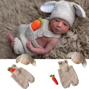 귀여운 토끼 의상 신생아 사진 복장 부드러운 니트 토끼 모양 모자와 당근 옷과 점프 슈트 아기 사진 소품