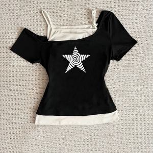 여성 하라주쿠 2025 여름 캐주얼 티셔츠 Y2K 레트로 스트릿웨어 홀터넥 프린트 페이크 투피스 세트 패셔너블 스트릿 스타일