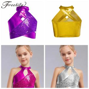 소녀를위한 스팽글 탑 어린이 메탈릭 스파클리 자르기 탑 음악 축제 레이브 파티 조끼 댄스웨어 재즈 댄스 의상 댄스웨어