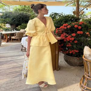 본레이디스 2025 여름 여성용 100% 코튼 V넥 레이스업 버블 소매 셔츠 롱 스커트 세트 루즈핏 캐주얼 투피스 수트