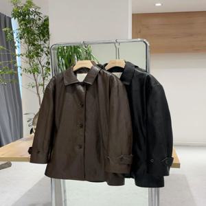 정품 디자이너 브랜드 FP 빈티지 싱글 버튼 PU 가죽 재킷 칼라 코트 청소년 통근 스타일 긴팔 중간 길이