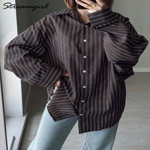 느슨한 줄무늬 셔츠 여성 브라운 긴 소매 Batwing 셔츠 Office Wear 여성 여성을위한 대형 블라우스 우아한 블루 셔츠