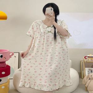 여름 플러스 사이즈 비만 수면 드레스 여성 느슨한 얇은 캐주얼 코튼 홈 의류 긴 반팔 v 넥 오버 헤드 프린트