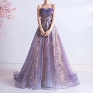 학생 졸업 이브닝 가운 새로운 섹시한 Strapless 보라색 스팽글 별이 빛나는 하늘 스커트 예술 시험 컬러 거즈 공연 의상