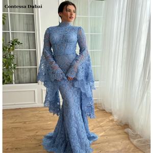 콘테사 두바이 맞춤형 하이넥 플레어 슬리브 프롬 드레스 우아한 레이스 베스티도스 데 노체 플로어-길이 정장 이브닝 2025