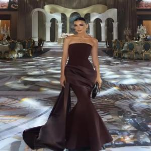 브라운 스트랩리스 이브닝 드레스 2025 슬리브리스 머메이드 프롬 드레스 우아한 플리츠 롱 웨딩 파티 드레스 맞춤 제작
