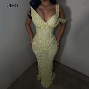 OIMG 반짝 이는 우아한 인어 댄스 파티 드레스 노란색 한 어깨 파티 드레스 바닥 길이 이브닝 드레스 맞춤형