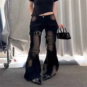 2025 가을 겨울 여성 데님 팬츠 하이웨이스트 카고 진 고블린 코어 K팝 벨보텀 일본 Y2K 스트레치 2000년대 스타일 청바지 갸루