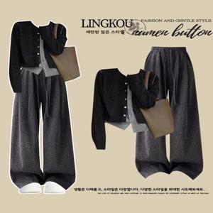 한국 스타일 여성 니트 스웨터 가디건과 루즈핏 캐주얼 팬츠 투피스 세트 플러스 사이즈 가을 패션 앙상블