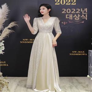 우아한 이브닝 가운 여성 호스트 볼 공연 의상 반짝이는 스팽글 미디 드레스 지퍼 스타일 슬림핏 롱 스커트
