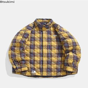 2026 남성용 한국 스타일 파카 겨울 빈티지 두꺼운 체크 버튼 패션 남성 코트 자수 로고 커플 솜 패딩 재킷