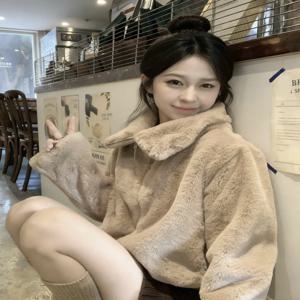 안나 여성용 퍼 코트 숏 스탠드 칼라 가을 겨울 슬리밍 탑 럭셔리 스타일 긴소매 지퍼 여밈 모자 미포함