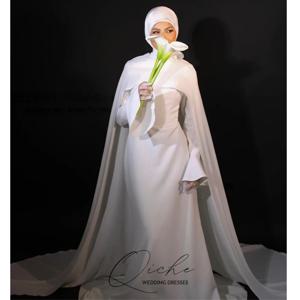QICHE 맞춤형 단정한 흰색 무슬림 웨딩드레스, 케이프가 있는 신부 드레스, 긴 소매 여성 신부 민사 결혼식 드레스