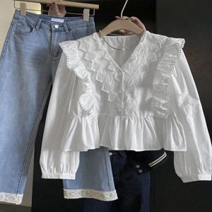2025 가을 신상 여성 캐주얼 솔리드 컬러 레이스 패치워크 러플 긴팔 탑 패셔너블 엘레강스