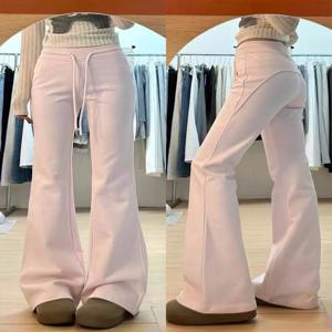 핑크 하이웨이스트 기모 안감 마이크로 플레어 캐주얼 팬츠 여성용 2026년 봄 신상 스포티 루즈핏 트라우저 여성 청바지