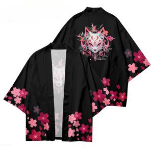 일본 하오리 기모노 카디건 여성용 여우 마스크 꽃무늬 코트 선물, 전통 외투 캐주얼 루즈 커버업