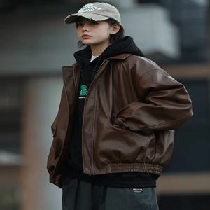 멋진 가죽 재킷 여성용 스타일리쉬 브라운 아메리칸 레트로 고급스러운 느낌의 오토바이 아우터 봄 가을 겨울 인기 상품