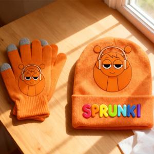 스프룽키 어린이 비니 장갑 세트 핫 뮤직 게임 프린트 니트 장갑 모자 소년 소녀용 만화 겨울 니트 모자 장갑