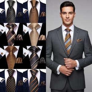 하이타이 3피스 남성용 넥타이 브라운 골드 플로럴 스트라이프 솔리드 넥타이 포켓 스퀘어 커프스 링크스 세트 웨딩 포멀 캐주얼 오피스 파티용