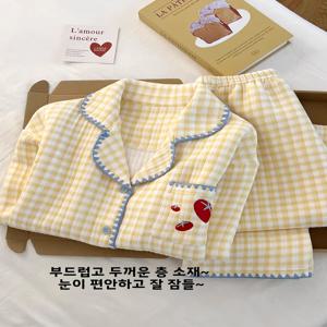 새로운 가을 겨울 두꺼운 에어 코튼 잠옷 여성용 홈웨어 세트 플래드 심플 투피스 세트 아웃웨어 홈 컴포터블