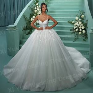 반짝이는 A라인 여성 섹시 스파게티 스트랩 웨딩 드레스 베스티도 데 노비아 백리스 신부 가운 맞춤형 로브 드 마리에