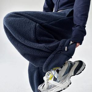 하이웨이스트 드로스트링 스트레이트 레그 플리스 안감 두꺼운 캐주얼 팬츠 여성용 가을 겨울 신상 루즈핏 원형 울 양털